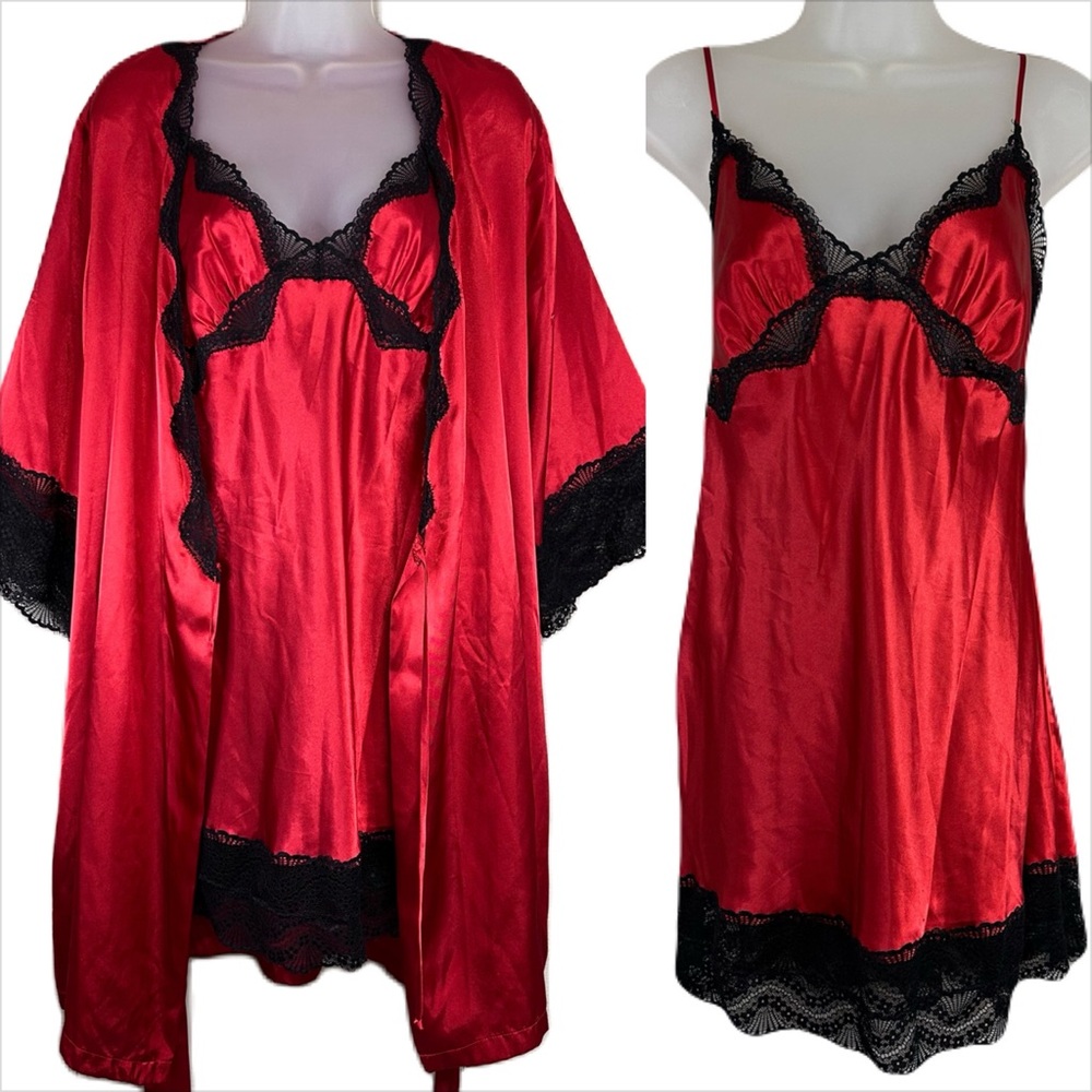 Cynthia Rowley Babydoll Chemise Nightie Robe Set‎ Satin Lace Whimsigoth Peignoir
